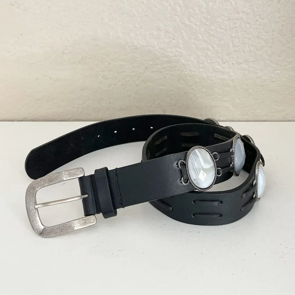 Vintage Leatherock Black Leather Belt with Silver gray stone Accents